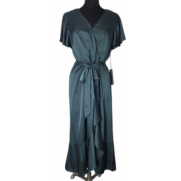 Nicole Miller Dresses & Skirts - Nicole Miller Emerald Green Satin Wrap Dress Ruffled Hem Flutter Sleeve Size M/L
